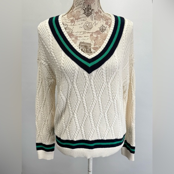 NICOLE MILLER Cream w/ navy & green trim V-Neck Cable Knit Sweater size M - Picture 8 of 12